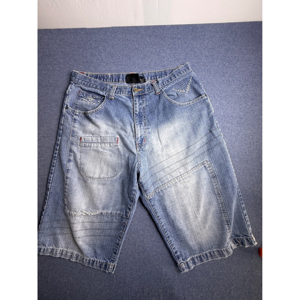 Vintage Don Mens Baggy Denim Shorts Light Wash Embroidered Y2K Streetwear 36